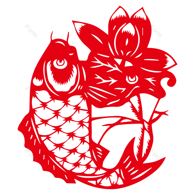 中国风图片,锦鲤元素,荷花PNG,窗花免抠素材